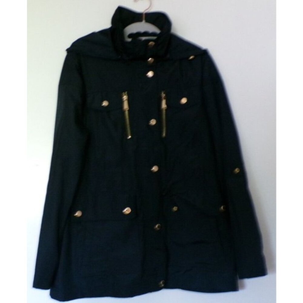 Michael Kors Womens PM Hooded Navy Jacket Coat‎ Gold Accents Military Look